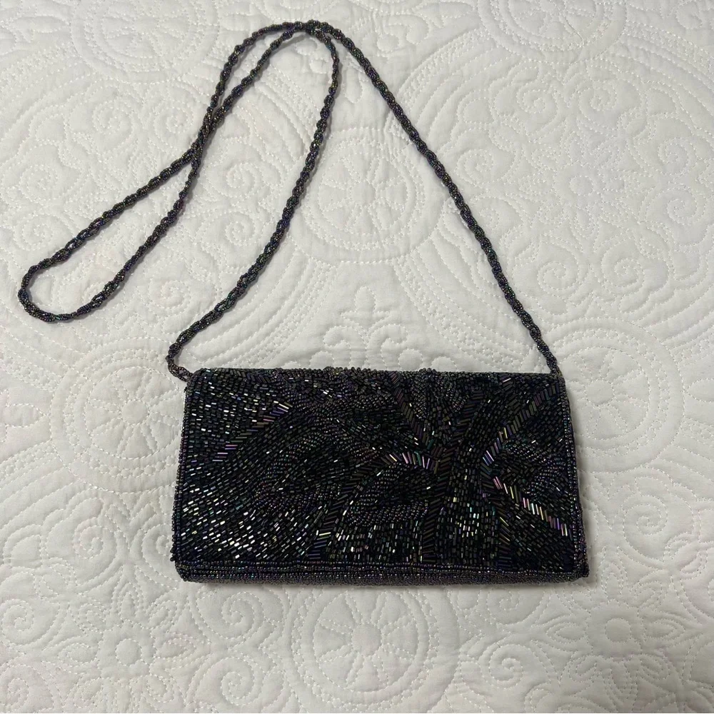 VTG Black Iridescent Beaded Evening Bag Clutch/Crossbody Purse 90s multi color
